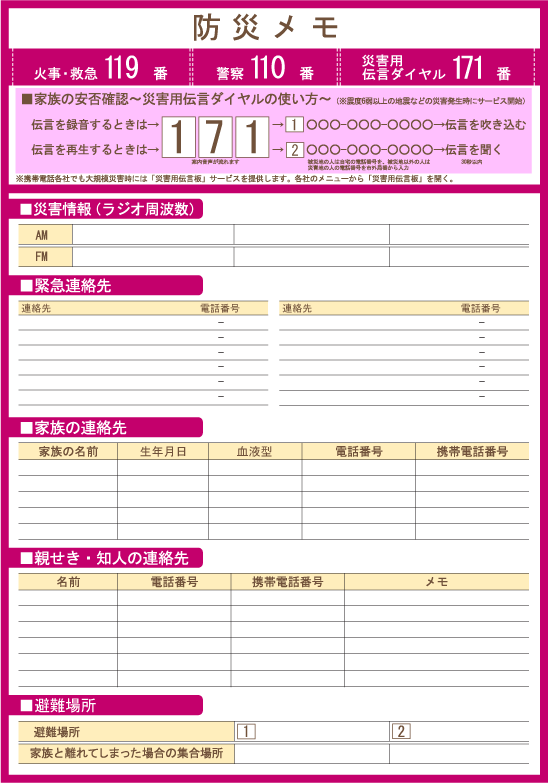 防災メモ 便利帳 下調べ Com